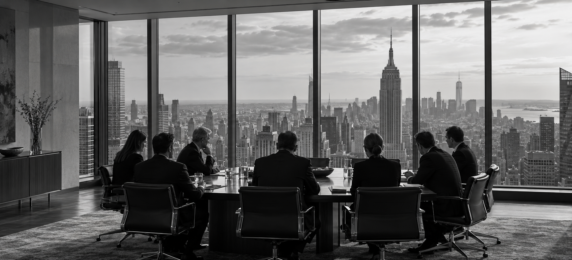 A private investment meeting in an elegant boardroom overlooking Manhattan, with participants viewed from behind