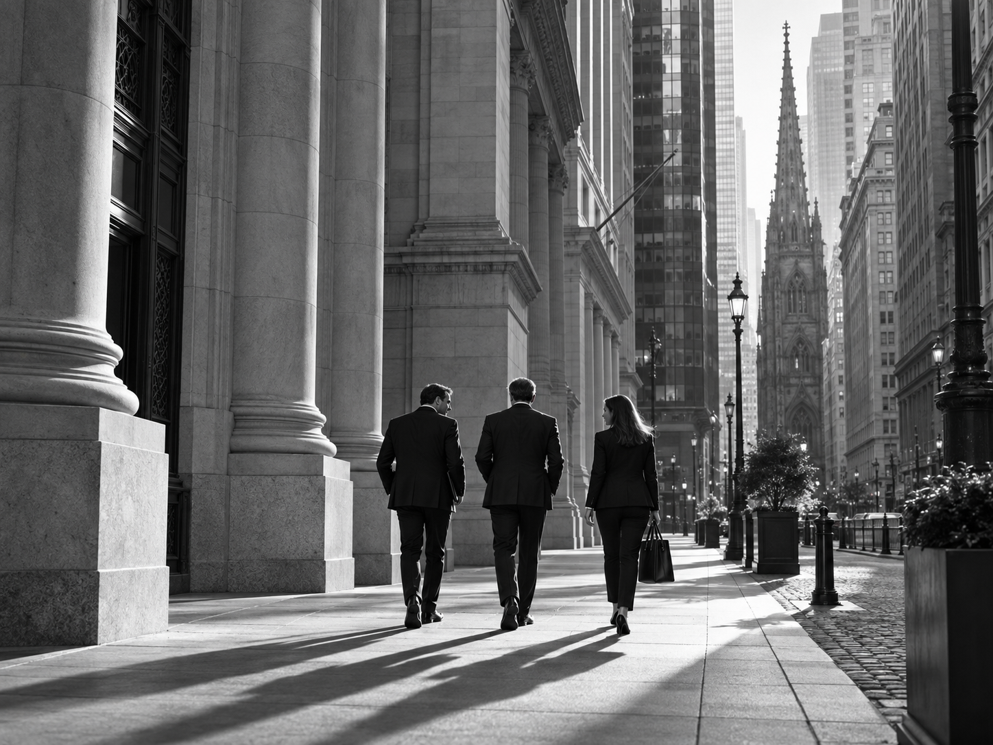 Business professionals walking among the stone and glass architecture of Manhattan